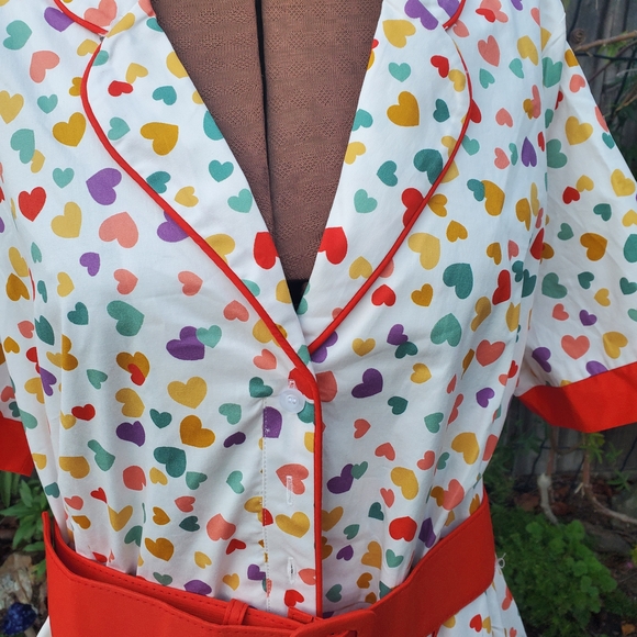 Modcloth Multicolor Heart Print Midi Dress with Red Trim - Picture 2 of 7